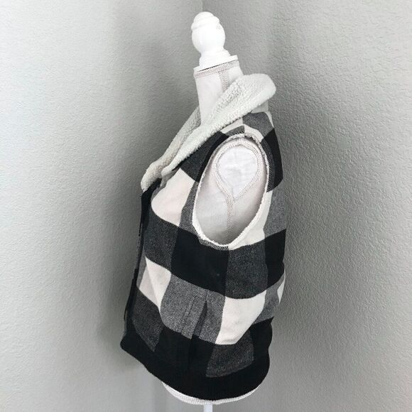 Marine Layer Women Large Black White Buffalo Check Wool Blend Sherpa Vest - Picture 3 of 8